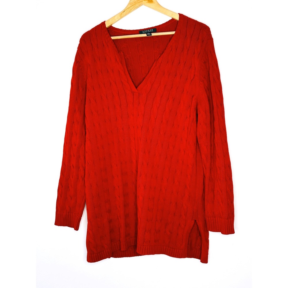 Lauren Ralph Lauren‎ Womens 2X Red Cable Knit V Neck Cotton Sweater Tunic